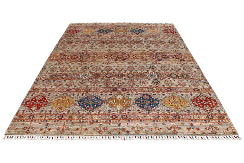 7x10 Light Brown and Multicolor Tribal Rug