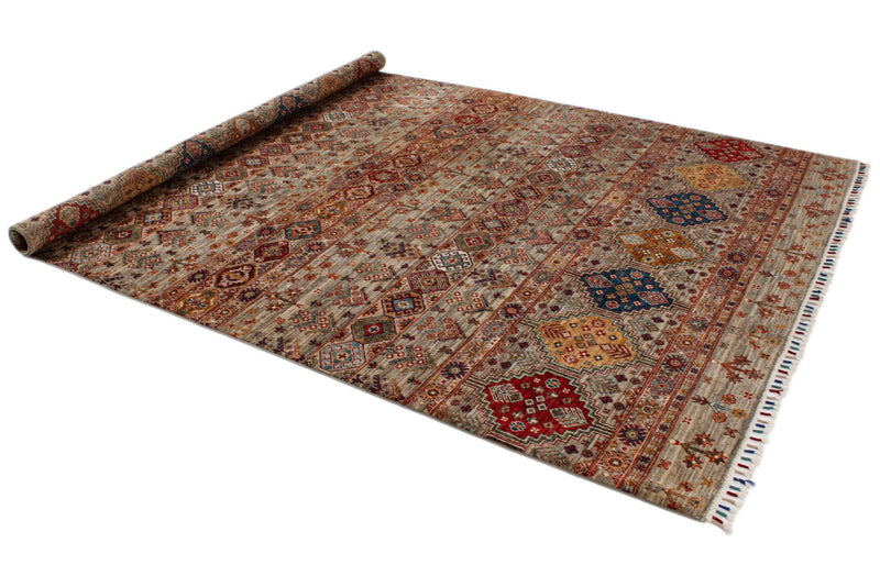 7x10 Light Brown and Multicolor Tribal Rug