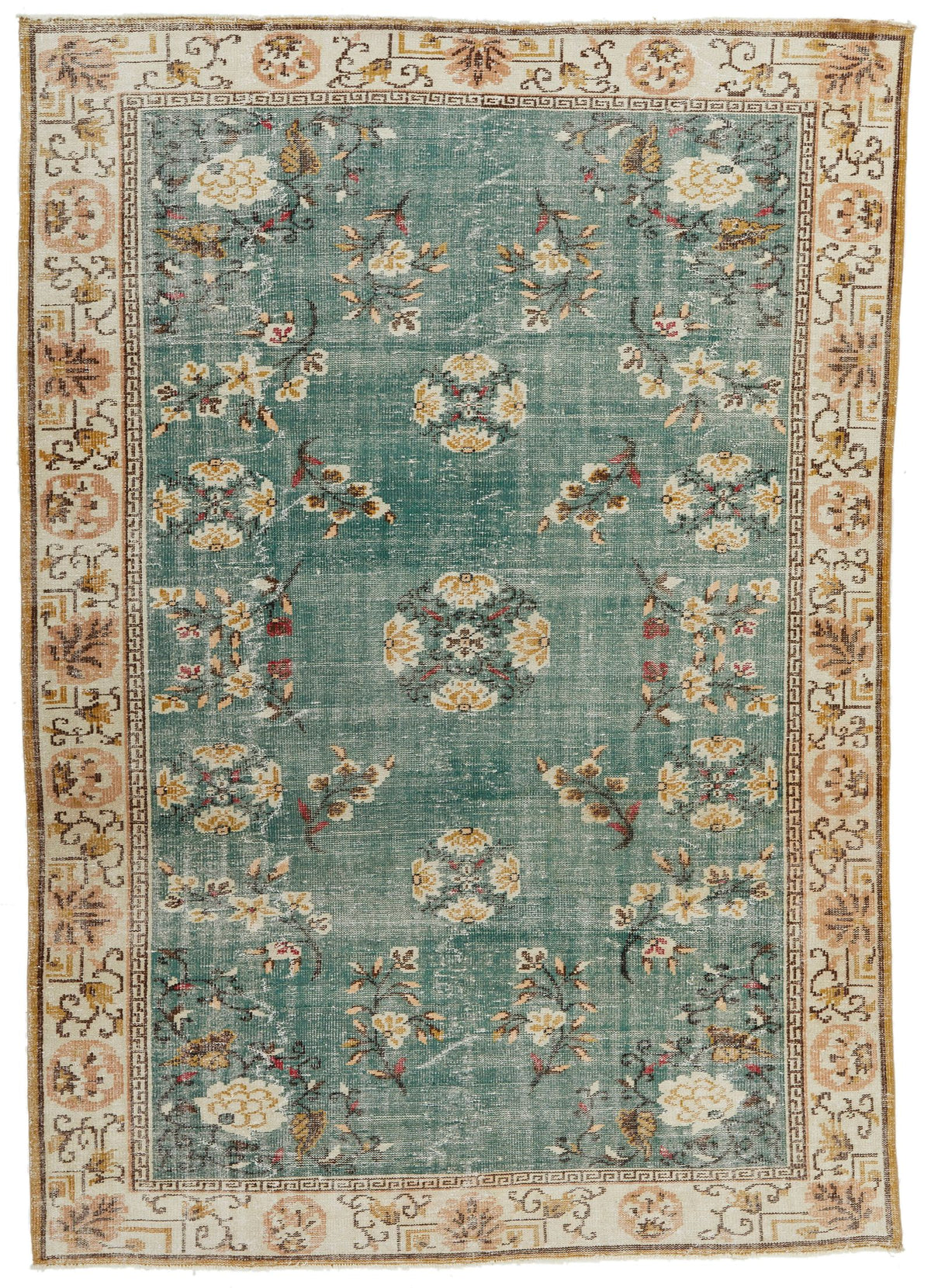 7x10 Turquoıse and Ivory Turkish Anatolian Rug
