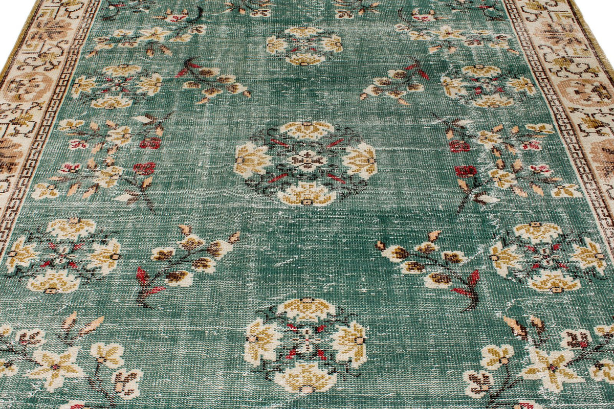 7x10 Turquoıse and Ivory Turkish Anatolian Rug