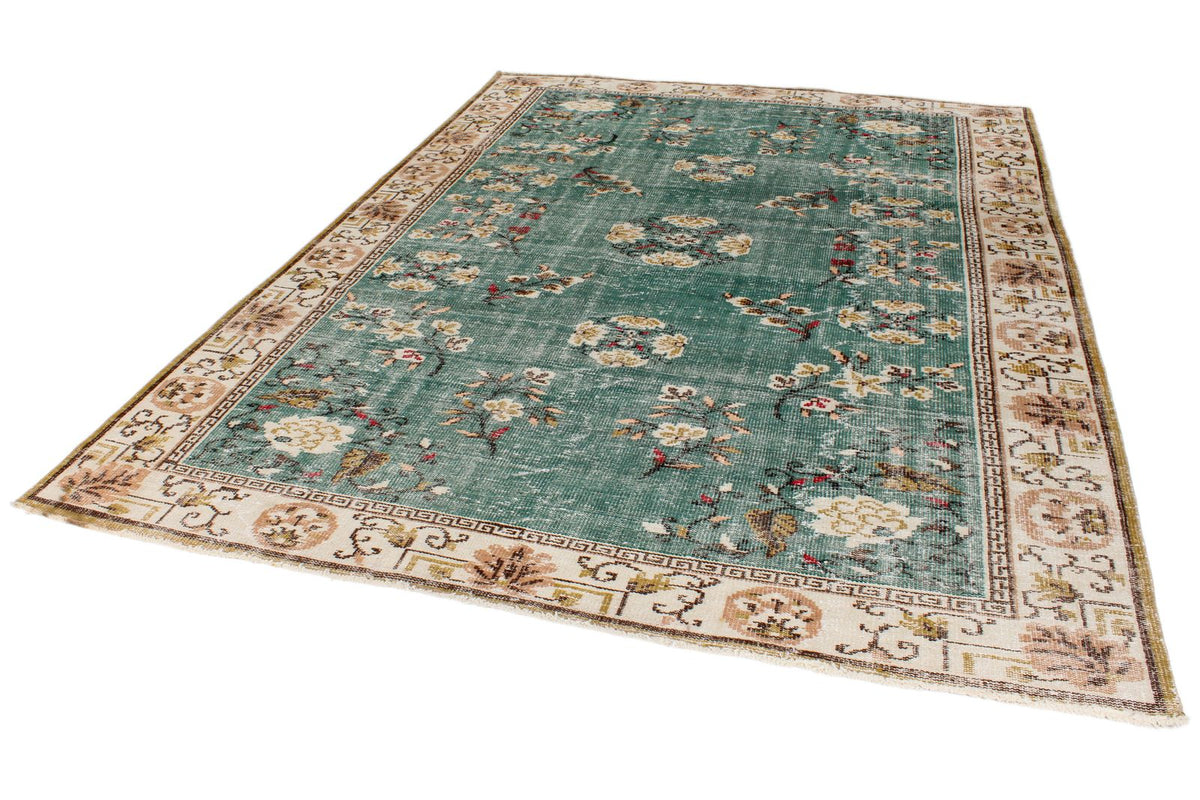 7x10 Turquoıse and Ivory Turkish Anatolian Rug