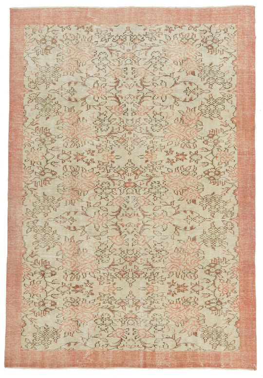 6x9 Ivory and Peach Turkish Overdyed Rug