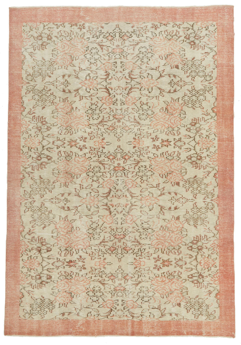 6x9 Ivory and Peach Turkish Overdyed Rug