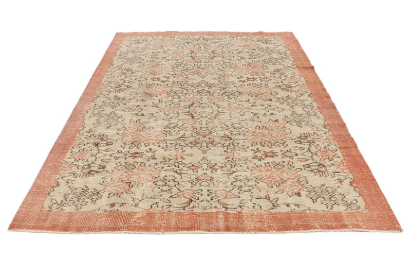 6x9 Ivory and Peach Turkish Overdyed Rug