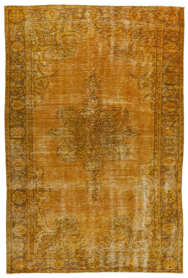 6x9 Mustard and Dark Rust Turkish Overdyed Rug