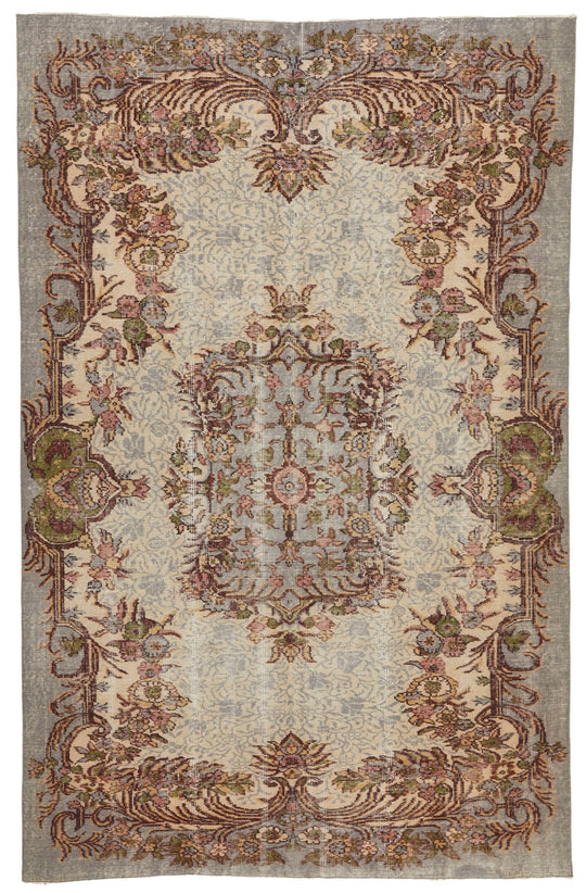 6x9 Ivory and Multicolor Anatolian Turkish Tribal Rug