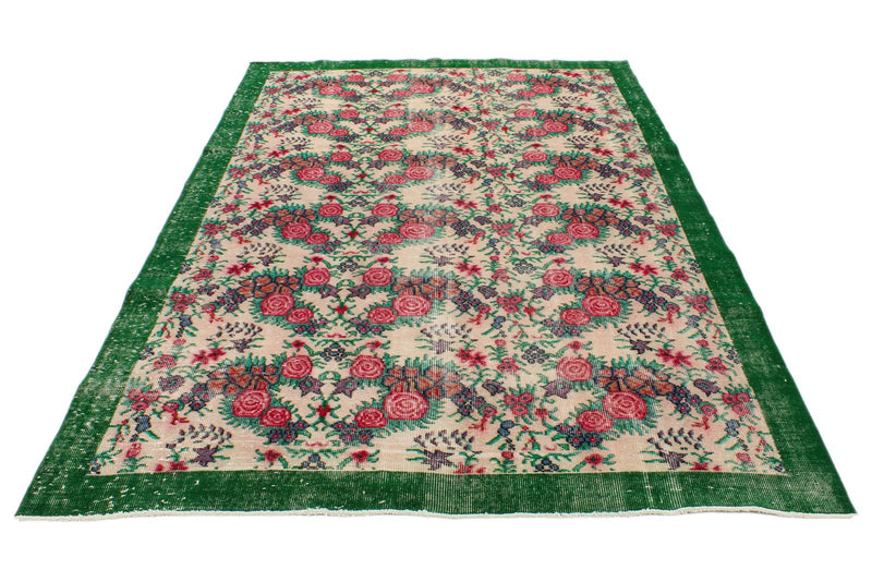 6x9 Green and Multicolor Turkish Anatolian Rug