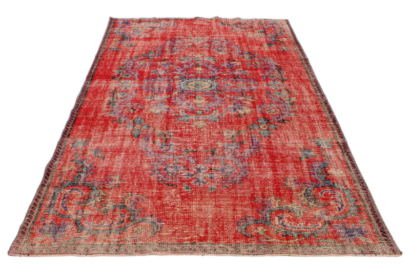 6x10 Red and Multicolor Turkish Overdyed Rug