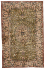 6x9 Light Olive Green and Brown Turkish Overdyed Rug