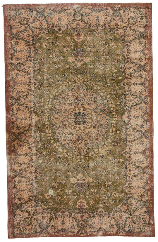 6x9 Light Olive Green and Brown Turkish Overdyed Rug
