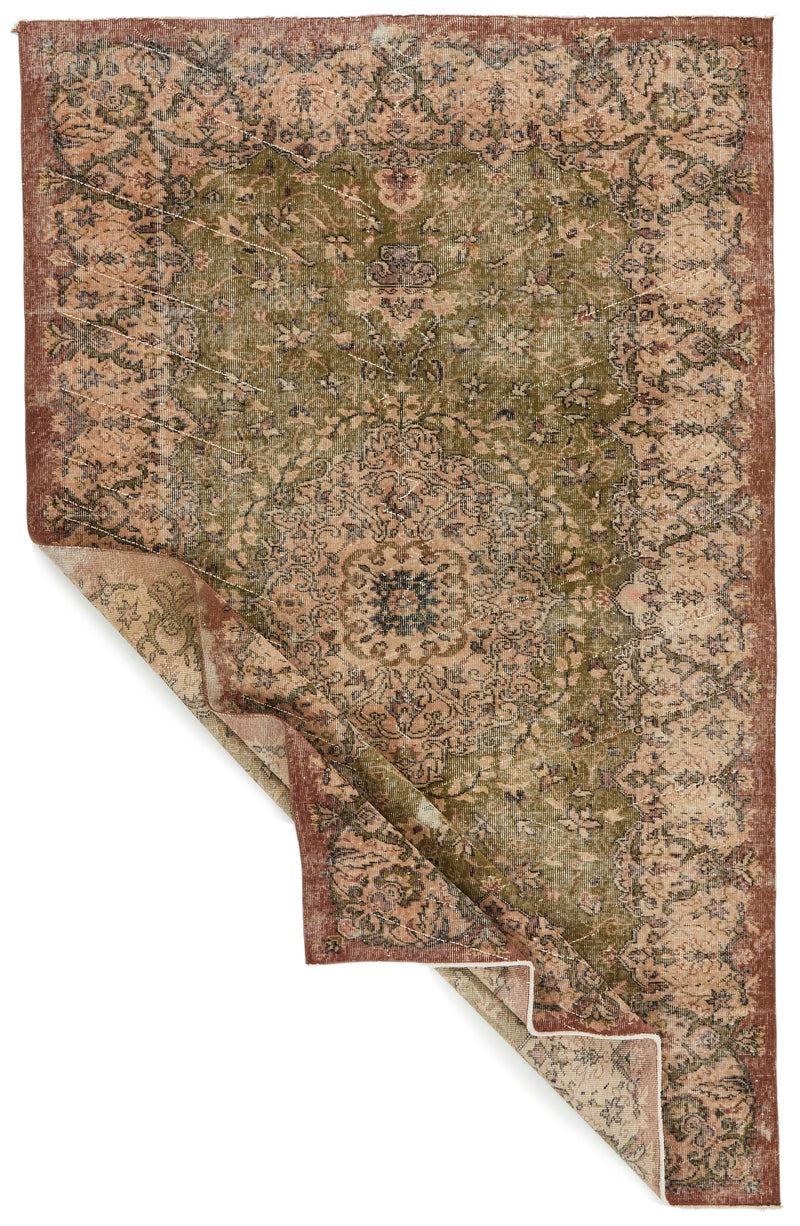 6x9 Light Olive Green and Brown Turkish Overdyed Rug