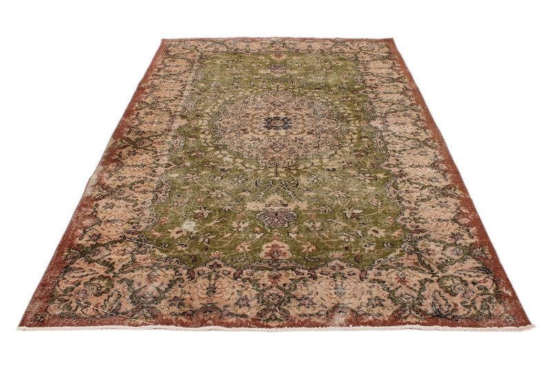 6x9 Light Olive Green and Brown Turkish Overdyed Rug