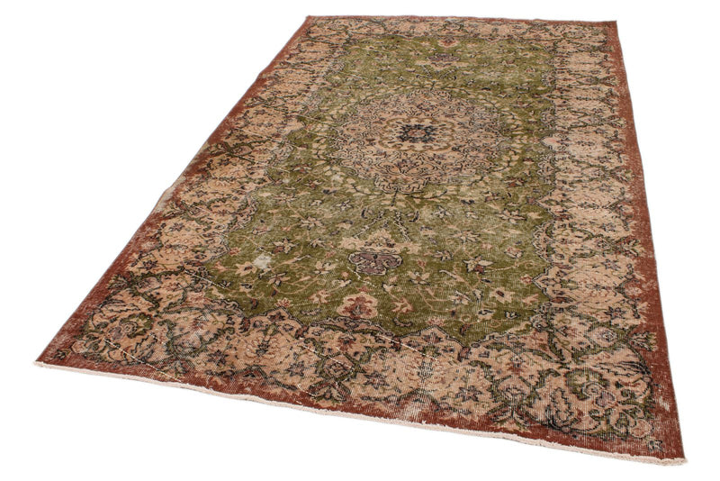 6x9 Light Olive Green and Brown Turkish Overdyed Rug