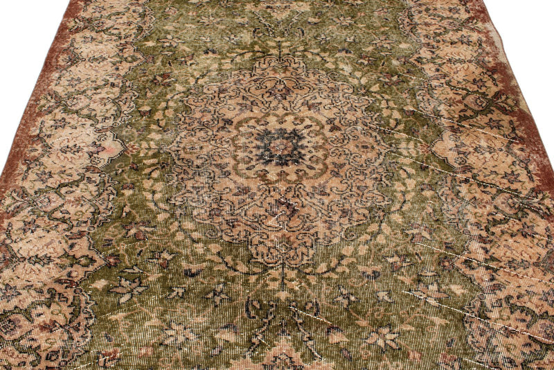 6x9 Light Olive Green and Brown Turkish Overdyed Rug