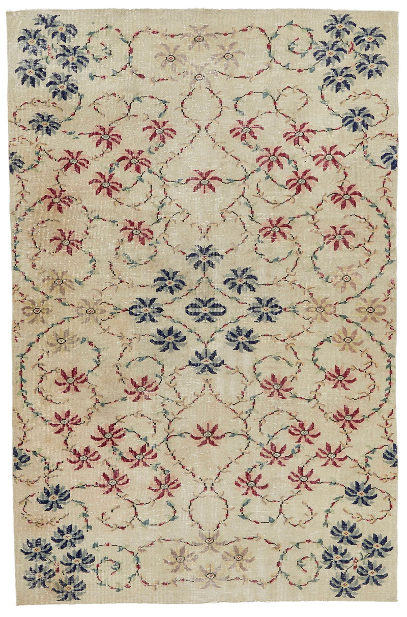 6x9 Ivory and Multicolor Turkish Anatolian Rug