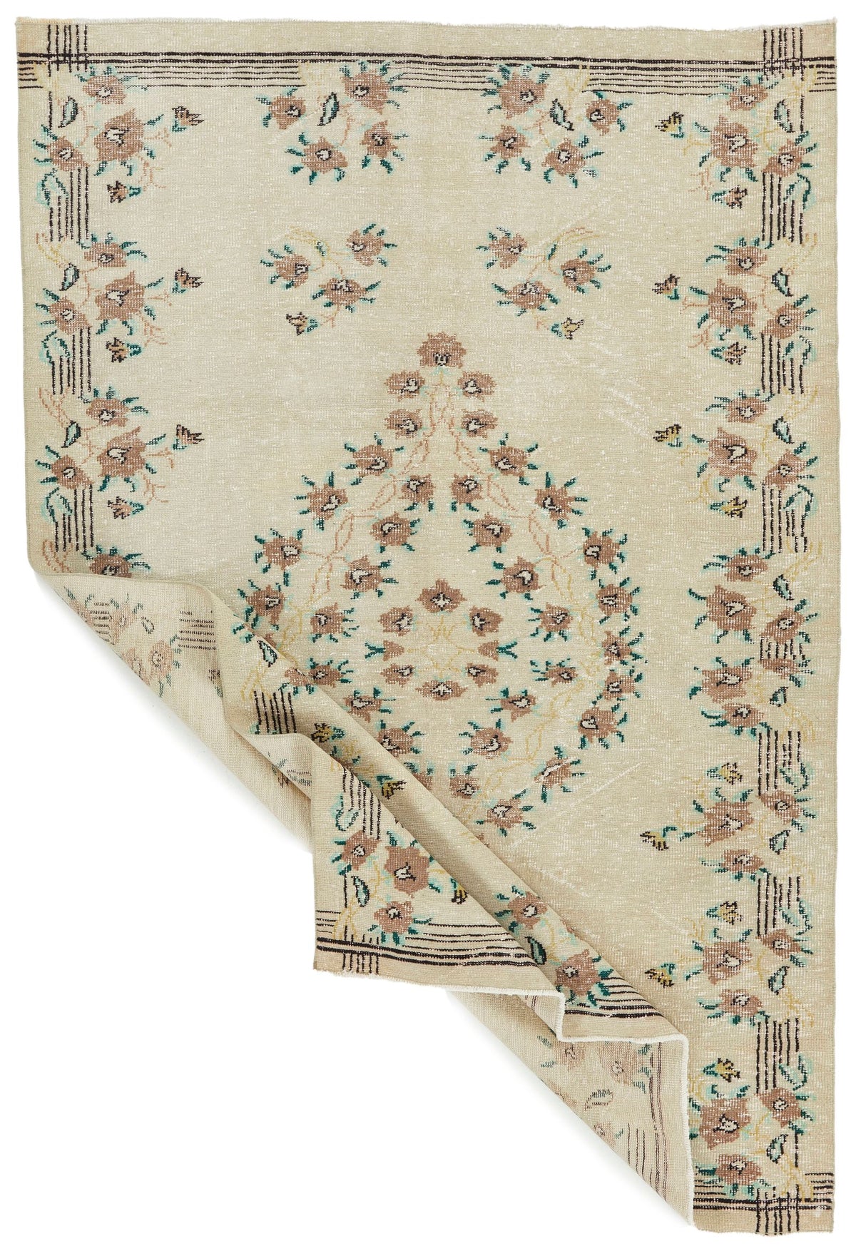 6x9 Ivory and Multicolor Turkish Anatolian Rug