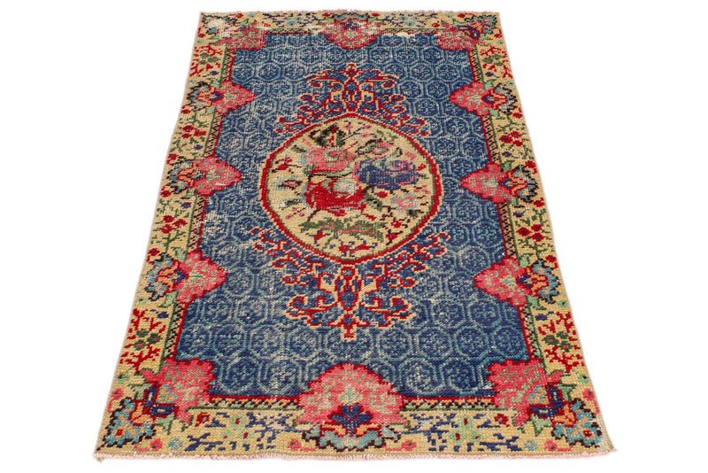 3x5 Beige and Multicolor Turkish Overdyed Rug