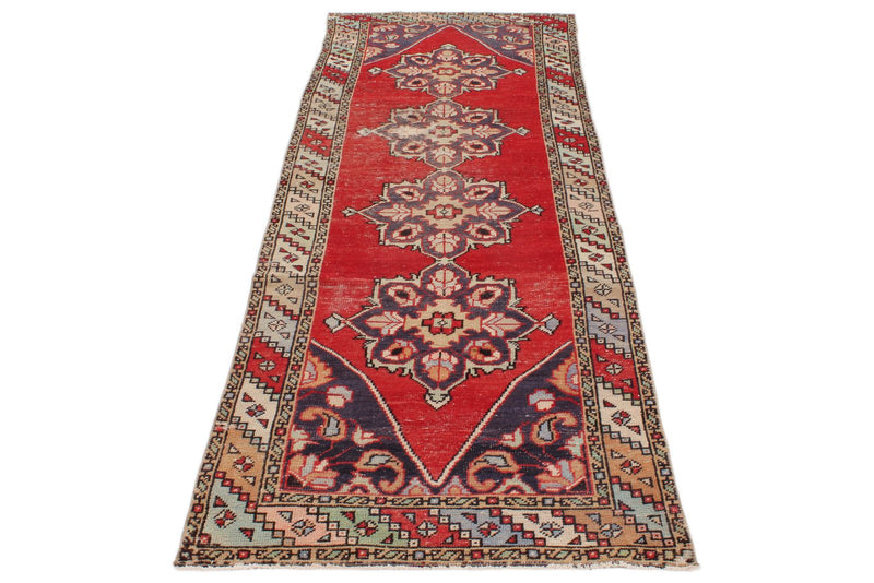 3x10 Red and Multicolor Turkish Overdyed Runner