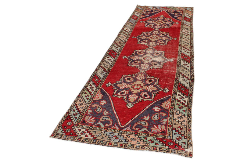 3x10 Red and Multicolor Turkish Overdyed Runner