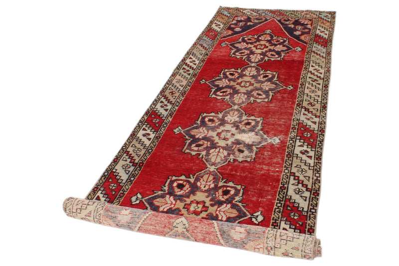 3x10 Red and Multicolor Turkish Overdyed Runner