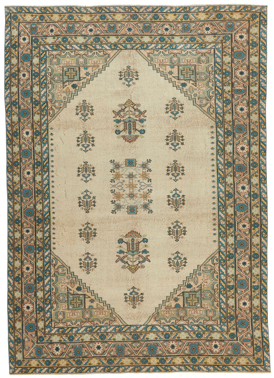 7x10 Ivory and Multicolor Turkish Overdyed Rug
