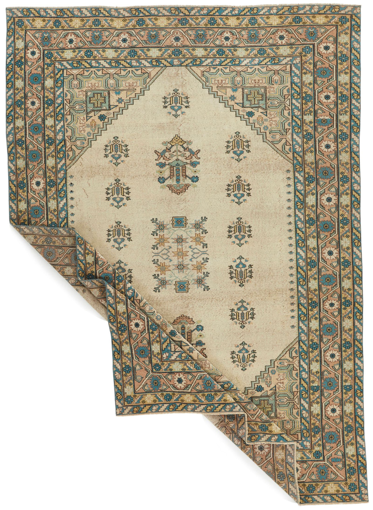 7x10 Ivory and Multicolor Turkish Overdyed Rug