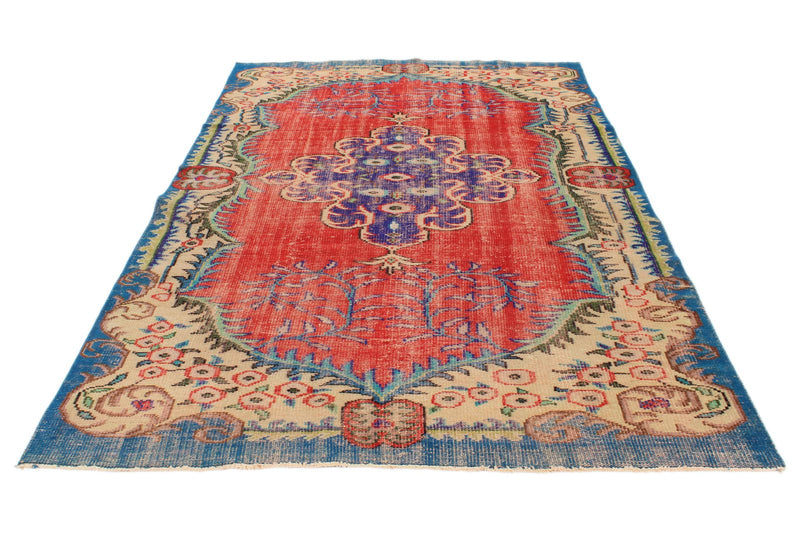 6x10 Red and Multicolor Turkish Overdyed Rug