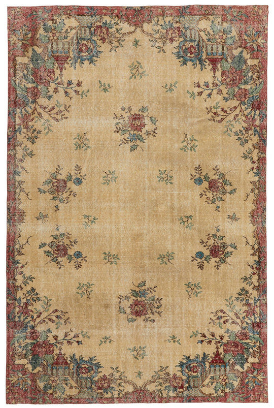 6x10 Ivory and Multicolor Turkish Overdyed Rug