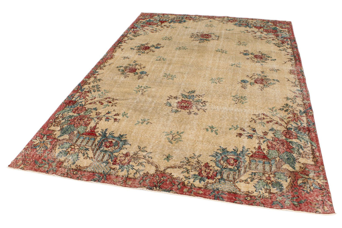 6x10 Ivory and Multicolor Turkish Overdyed Rug