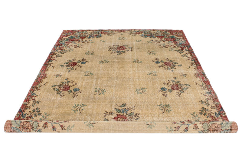 6x10 Ivory and Multicolor Turkish Overdyed Rug
