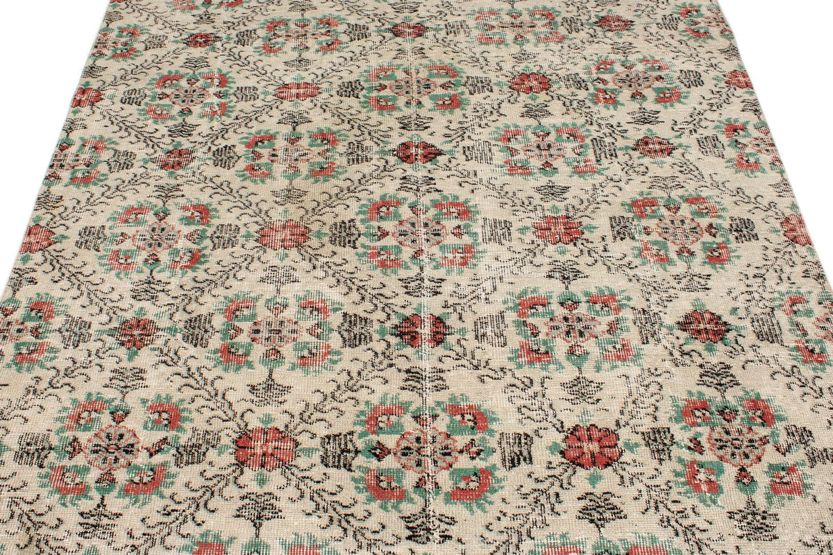 5x10 Ivory and Multicolor Anatolian Turkish Tribal Rug