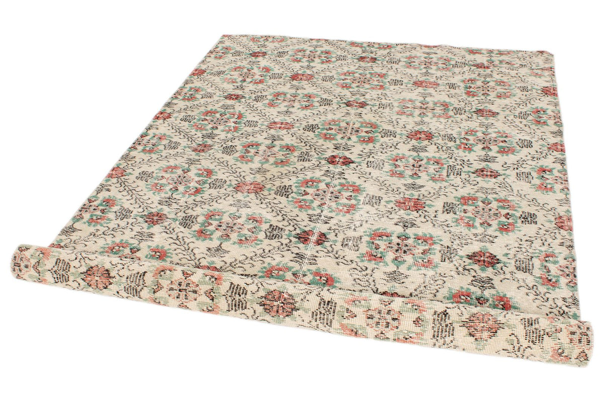 5x10 Ivory and Multicolor Anatolian Turkish Tribal Rug