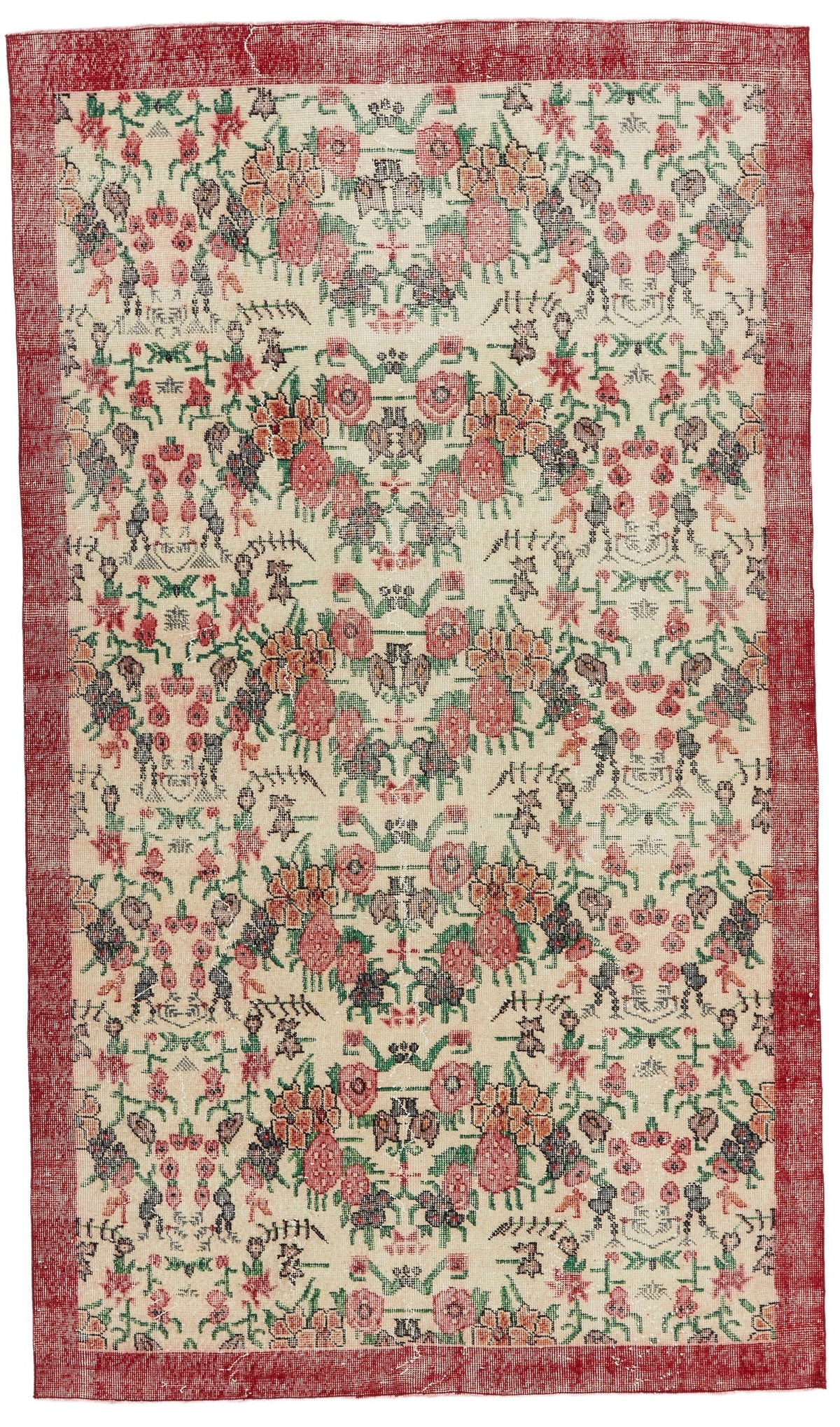 5x9 Ivory and Red Anatolian Turkish Tribal Rug