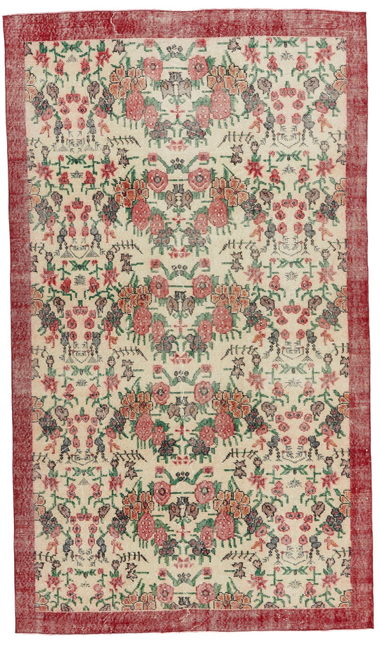 5x9 Ivory and Red Anatolian Turkish Tribal Rug