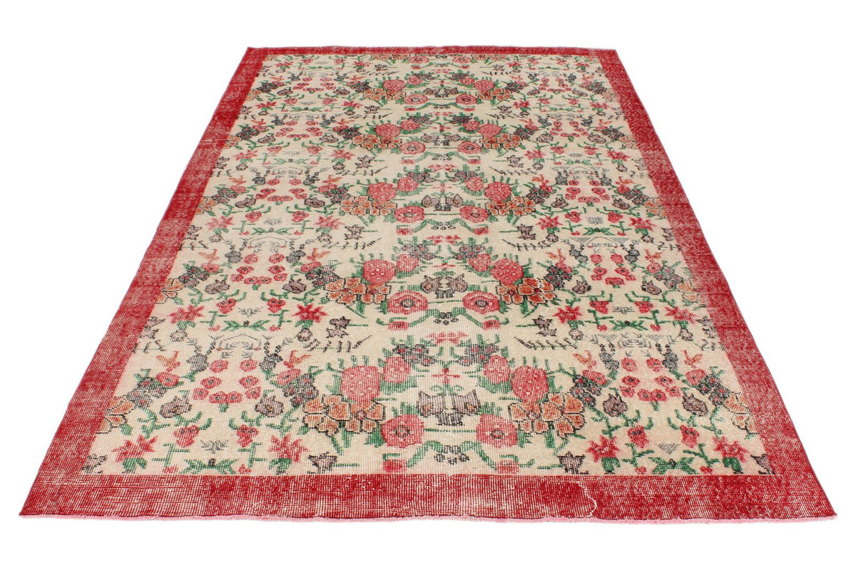 5x9 Ivory and Red Anatolian Turkish Tribal Rug