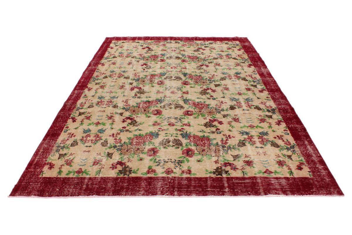 7x10 Ivory and Dark Red Turkish Anatolian Rug