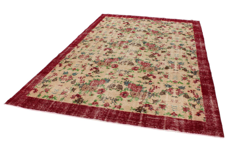 7x10 Ivory and Dark Red Turkish Anatolian Rug