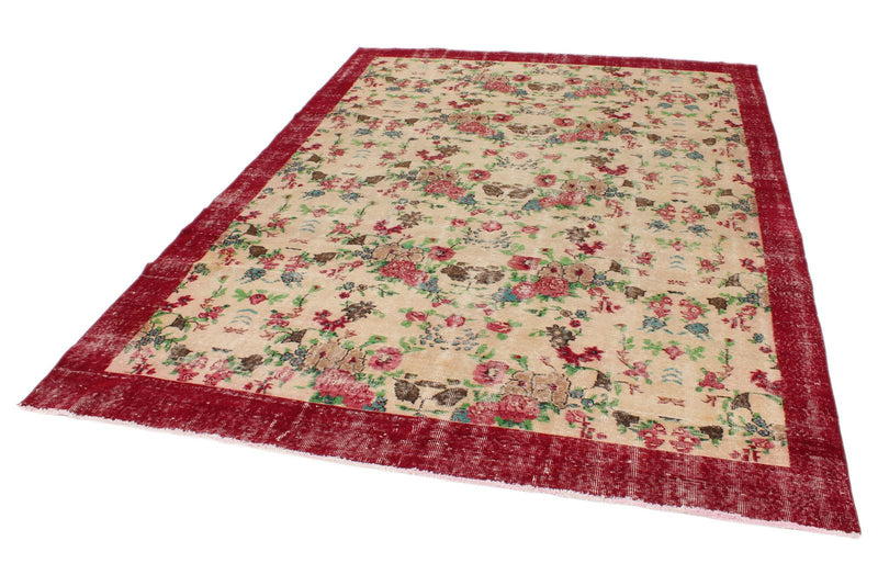 7x10 Ivory and Dark Red Turkish Anatolian Rug