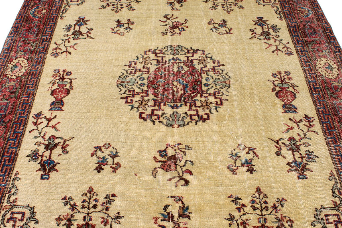 7x10 Ivory and Multicolor Turkish Overdyed Rug