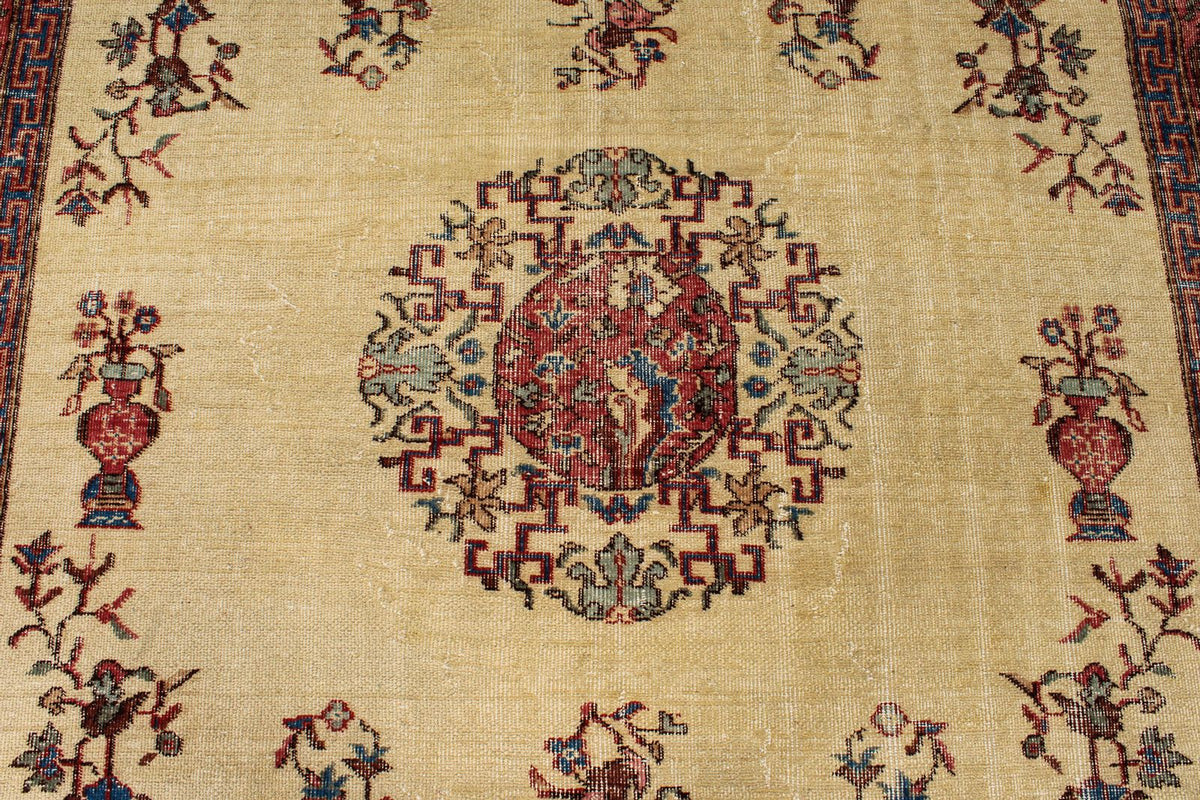 7x10 Ivory and Multicolor Turkish Overdyed Rug