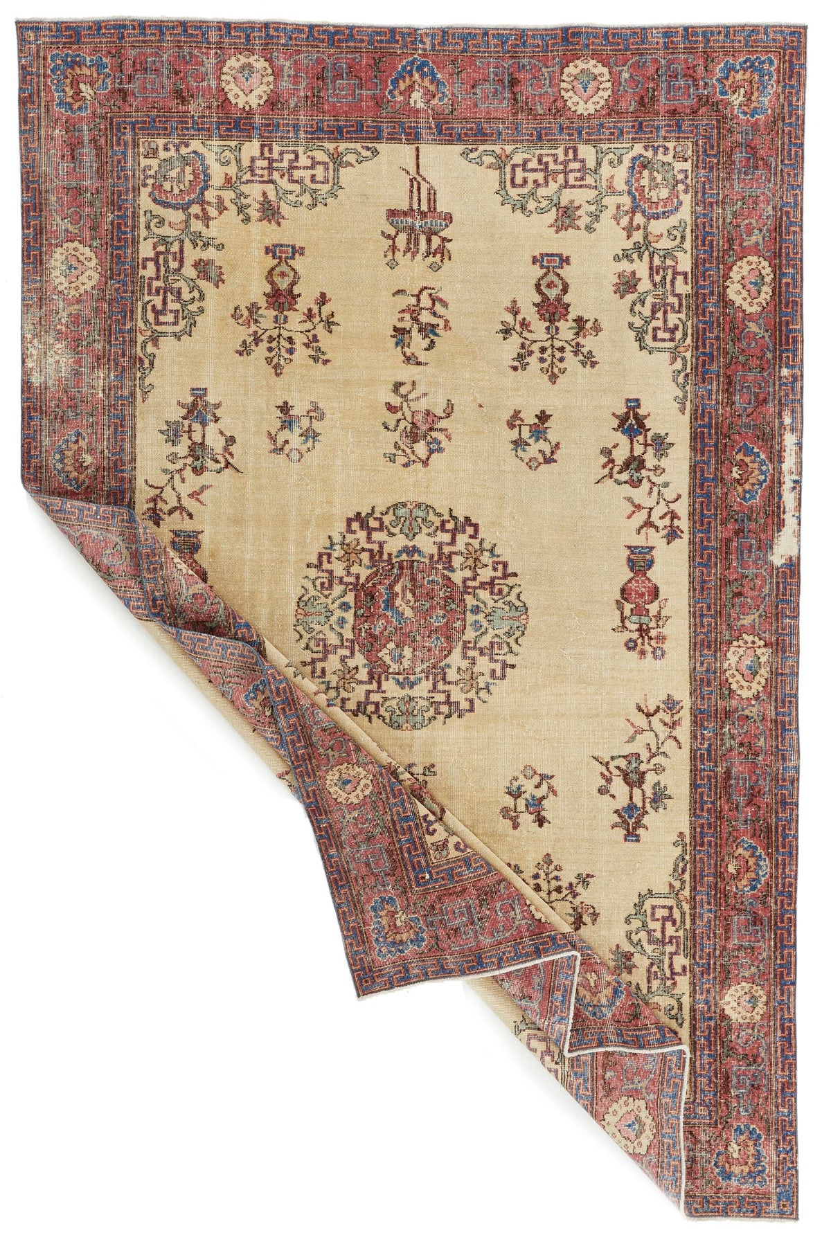 7x10 Ivory and Multicolor Turkish Overdyed Rug