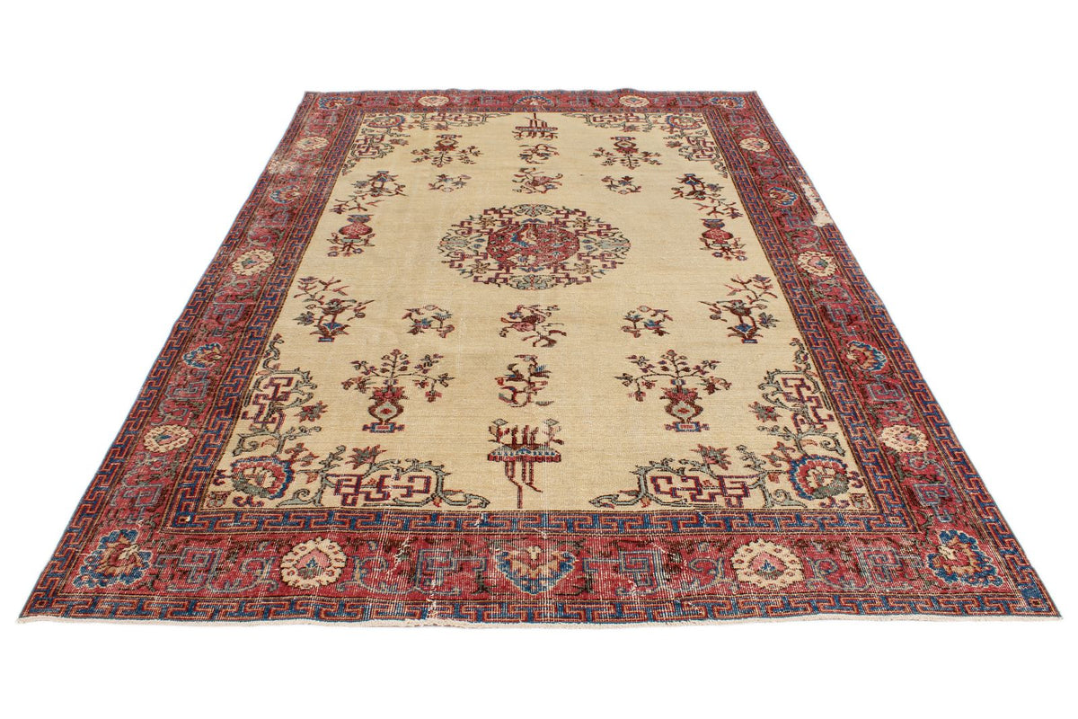7x10 Ivory and Multicolor Turkish Overdyed Rug