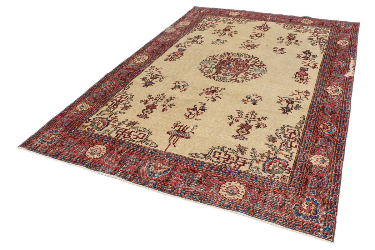 7x10 Ivory and Multicolor Turkish Overdyed Rug