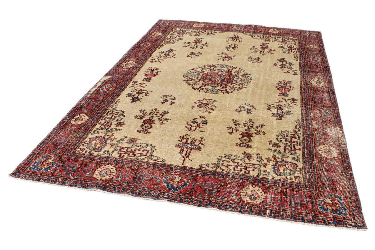 7x10 Ivory and Multicolor Turkish Overdyed Rug