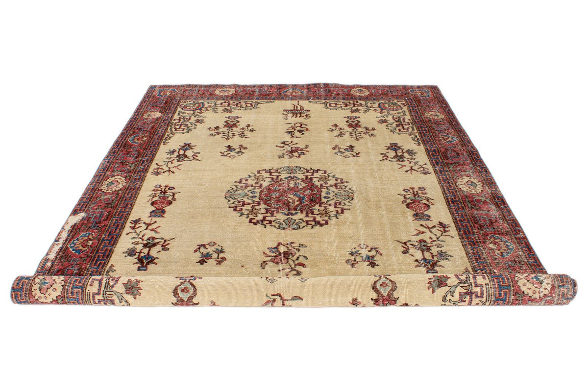 7x10 Ivory and Multicolor Turkish Overdyed Rug