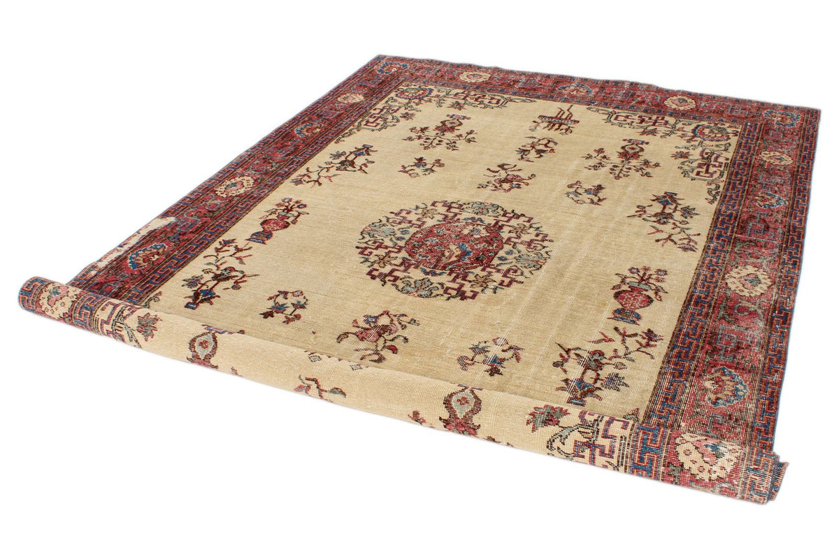 7x10 Ivory and Multicolor Turkish Overdyed Rug