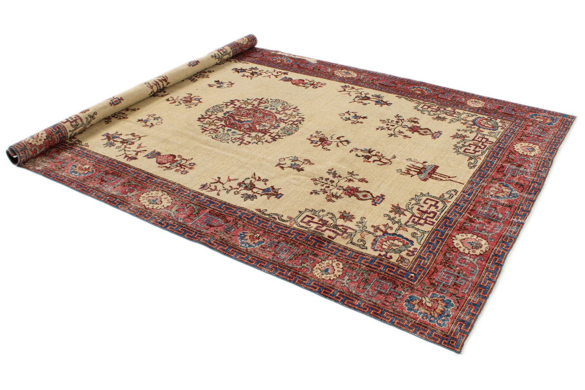 7x10 Ivory and Multicolor Turkish Overdyed Rug