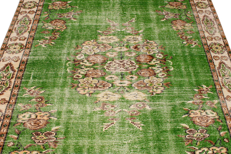 6x9 Green and Ivory Turkish Overdyed Rug