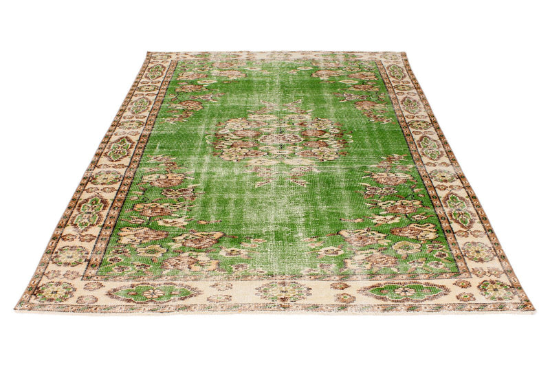 6x9 Green and Ivory Turkish Overdyed Rug