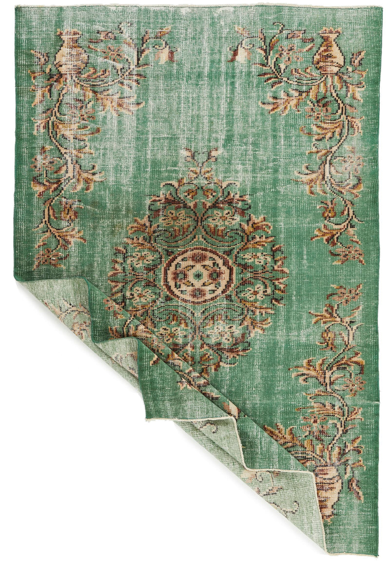 6x9 Green and Multicolor Turkish Overdyed Rug